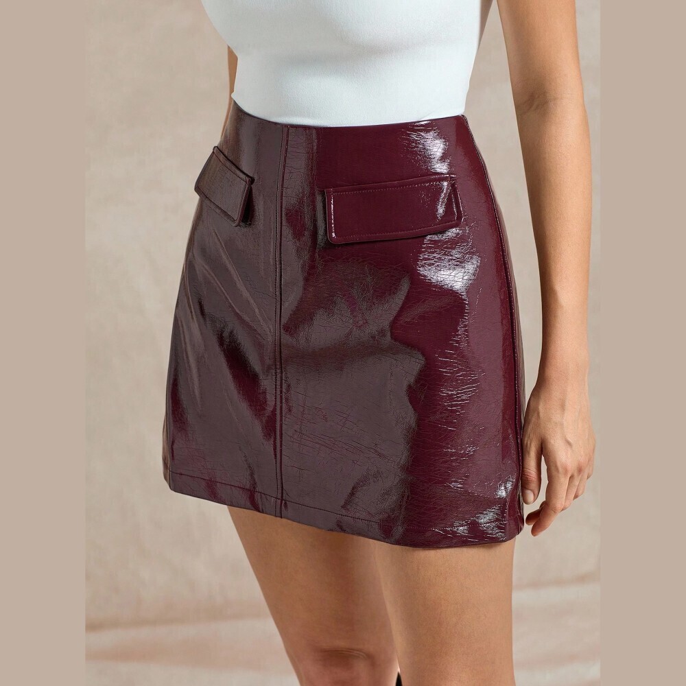 Burgundy Wrinkled Patent Faux Leather Mini Skirt with Flap Pocket Detail